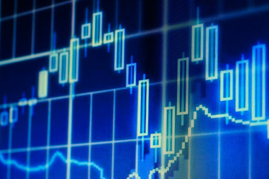 Blue financial stock market chart with candlestick patterns and price trends