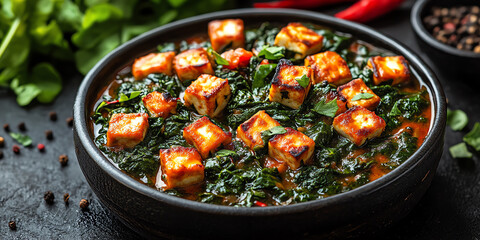 Delicious Indian dish featuring spinach and cheese cubes, rich in flavor and color