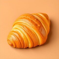 Golden croissant, circular shape, flaky pastry, warm tones, rich butter texture, detailed layers, soft lighting, brown background, food photography, culinary art, appetizing, high detail