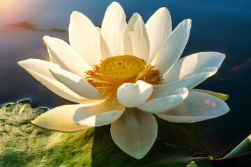Beautiful white lotus flower with green leaf blooming in pond in the morning. Royalty high-quality free best stock of a fresh white lotus or water lily flowers blooming in sunshine