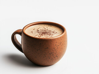 Cremiger Kaffee in einer rustikalen Tasse mit Kakaopulver bestreut

