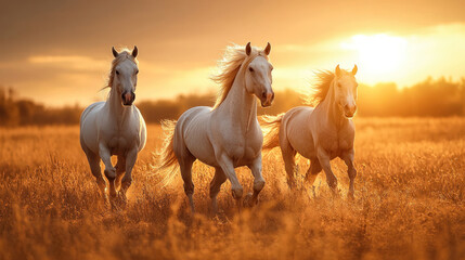 Obraz premium Farm animals, including a horse galloping through a golden field at sunrise
