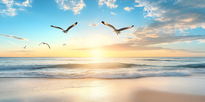 Seagulls flying above sandy beach at sunset, creating serene atmosphere