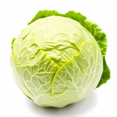 Fototapeta premium Cabbage, green vegetable, whole head, fresh produce, crisp leaves, organic food, macro photography, white background, vibrant color, healthy ingredient, culinary still life, detailed texture