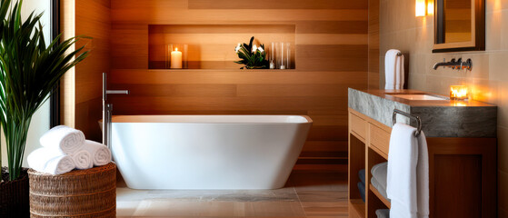 A serene, modern bathroom featuring a freestanding tub, wooden accents, elegant lighting, and natural elements for a relaxing atmosphere.