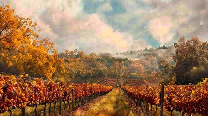 Fototapeta premium Vineyards against a mountainous backdrop, perfect for illustrations of agriculture, tourism and nature.