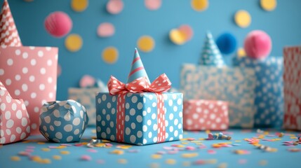Colorful polka dot gifts arranged on a table for a festive celebration with balloons and decorations