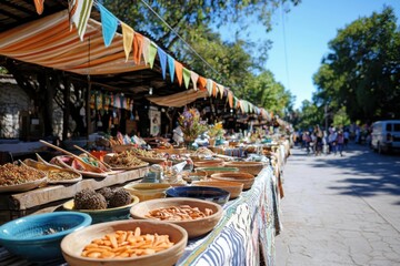 Obraz premium Celebrating culture a bustling mexican fiesta market stall handmade crafts vibrant textiles traditional pottery family joys