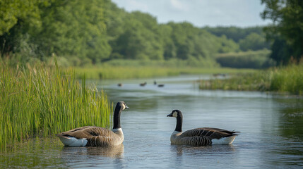 Obraz premium Farm animals, including geese waddling near a calm pond surrounded by reeds and cattails