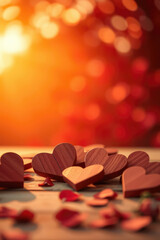 Wooden hearts background, bokeh in the background. Generated with AI