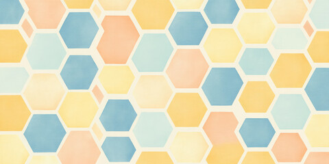 A seamless hexagonal pattern in peach fuzz, sunshine yellow, and chambray blue, forming a refined yet playful modern aesthetic.