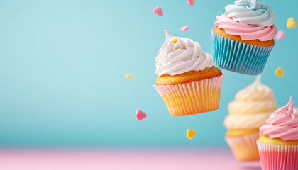 Colorful cupcakes with swirled frosting and candy, perfect for celebrations and treats.
