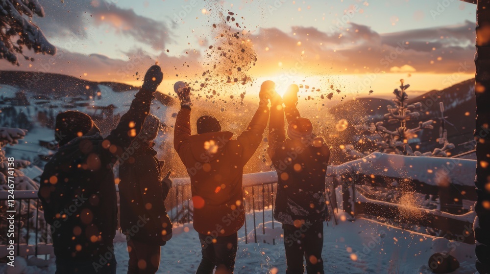 Poster group of friends joyfully tossing snowballs in the air while enjoying a vibrant sunset over snow cov