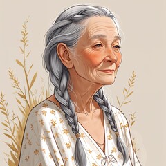 a serene senior woman with a contemplative in a simple hand drawing flat line design