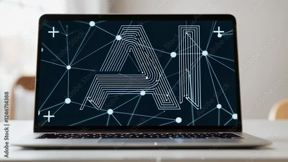 Poster Minimalist design showing an artificial intelligence logo animation on a laptop screen, presented in slow motion with network connections and plus symbols on a dark blue background