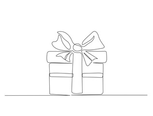 Continuous one line drawing of Present or gift box design. Present box with ribbon and bow in single line draw illustration. Editable stroke.