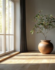 Scandinavian Minimalist Living Room Interior Design with Geometric Flooring and Natural Light