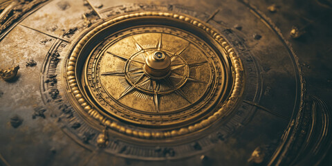 Fototapeta premium Vintage golden compass background with aged patina, intricate nautical detailing.
