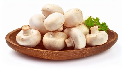 mushrooms in a basket on wooden table on white 