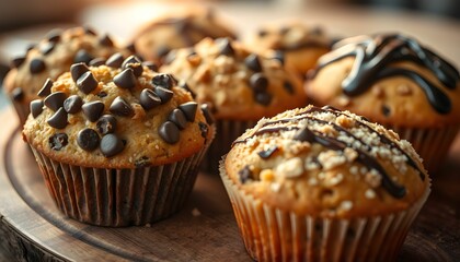 Rustic wooden board, homemade chocolate chip muffins, golden brown tops, cozy bakery scene, warm lighting, soft focus, food photography, comfort food, freshly baked, close-up detail