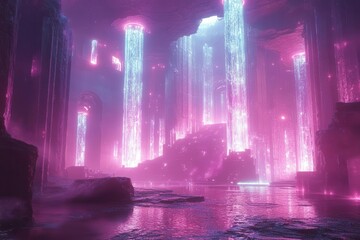 quantum computing chamber with floating holographic displays bioluminescent circuit patterns and crystalline structures bathed in ethereal purple and cyan light