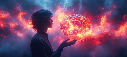 Human Silhouette Holding Colorful Brain in Dreamlike Atmosphere with Soft Pastel Tones