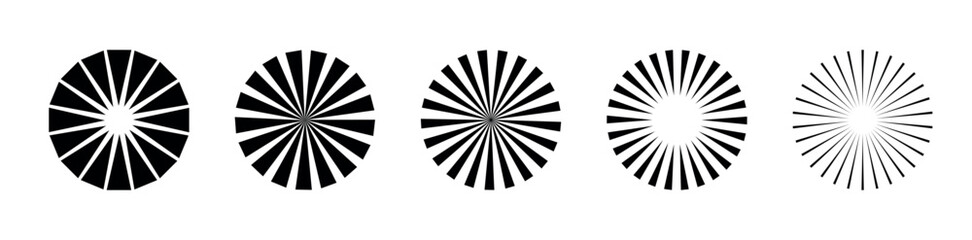 collection of black sunburst elements arranged in a radial style. Each design features unique variations in ray thickness and spacing, creating a dynamic explosion or glow effect