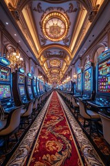 Fototapeta premium Casino with rows of slot machines, ornate carpet, bright screens, wideangle view