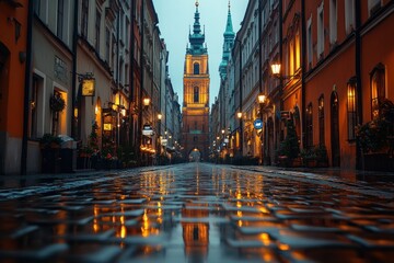 Illuminated Church Tower in Krakow Old Town at Night with Reflections on Cobblestones