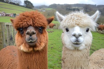 Obraz premium White and brown alpacas in an outdoor farm setting. Cute farm woolly animals