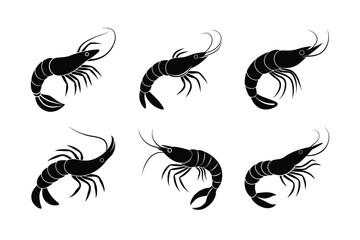 set of Shrimp vector silhouette on white background