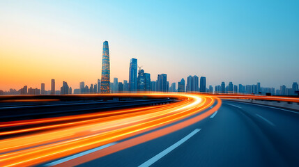 Dynamic nighttime cityscape drive urban skyline photography twilight wide angle modern architecture