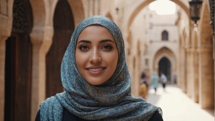 Stylish Hijabi Woman in Bustling Middle Eastern Alley for Travel and Cultural Campaigns