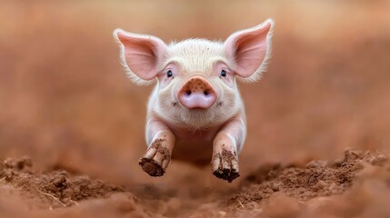Fototapeta premium Playful piglet leaps in muddy field; farm background; animal imagery