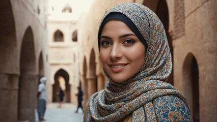 Stylish Hijabi Woman in Bustling Middle Eastern Alley for Travel and Cultural Campaigns