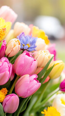 Fototapeta premium Vibrant spring tulips and daisies arrangement in corner for floral decor