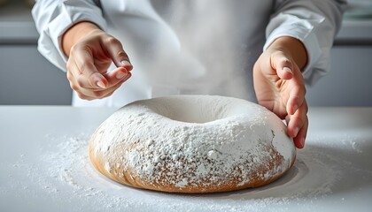 Obraz premium Artisanal bread making, hands dusting flour, rustic kitchen, soft natural light, close-up shot, white countertop, baking process, homemade sourdough, culinary craftsmanship