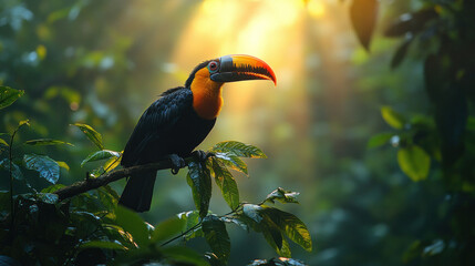 Obraz premium Jungle animals, including a hornbill flying through dense green foliage in a rainforest