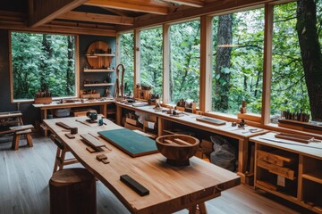 Fototapeta premium Crafting tradition artisans create folk art in a cozy workshop surrounded by nature