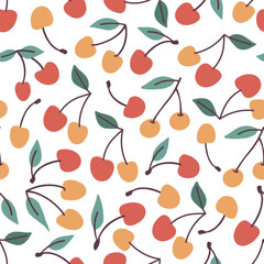Cherry seamless pattern. Vector background with red and yellow cherries. Vector fruit illustration of cherry for fabric, textile, wrapping paper, scrapbooking.