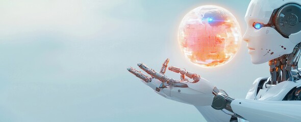 Obraz premium A white female robot engaging with a digital sphere via a holographic 3D display