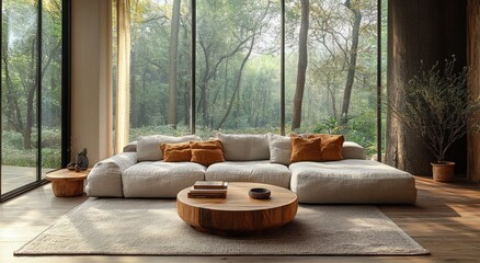 Minimalist modern living room with grey sofa and wooden coffee table under natural light