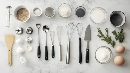 A flat lay of baking tools and ingredients arranged for culinary inspiration and recipe preparation