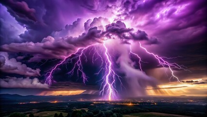 Dramatic Drone Shot: Vibrant Purple Lightning Striking Dark Storm Clouds