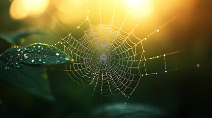 Delicate spider web glistening with water droplets in sunlight
