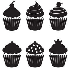 Different style cupcake silhouettes set bakery pack of vector silhouette design 
