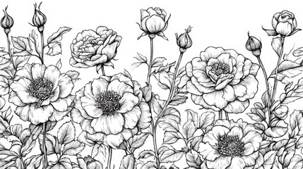 Hand-Drawn Floral Pattern of Roses and Peonies in Black and White