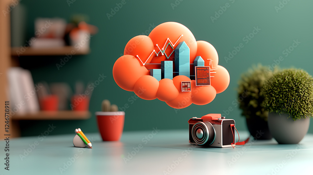 Poster data visualization and analysis concept with cloud graphics indoor workspace digital design focused 