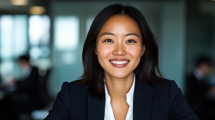 Fototapeta premium A woman in a business suit is smiling and looking at the camera