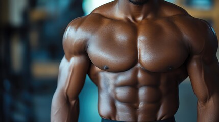 Fototapeta premium Muscular torso, gym background, dramatic lighting